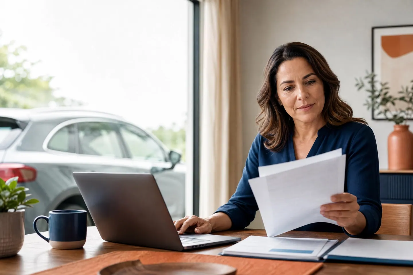 Mulher sentada à mesa de casa comparando um documento impresso com o que vê no notebook, com o próprio carro estacionado do lado de fora da janela.