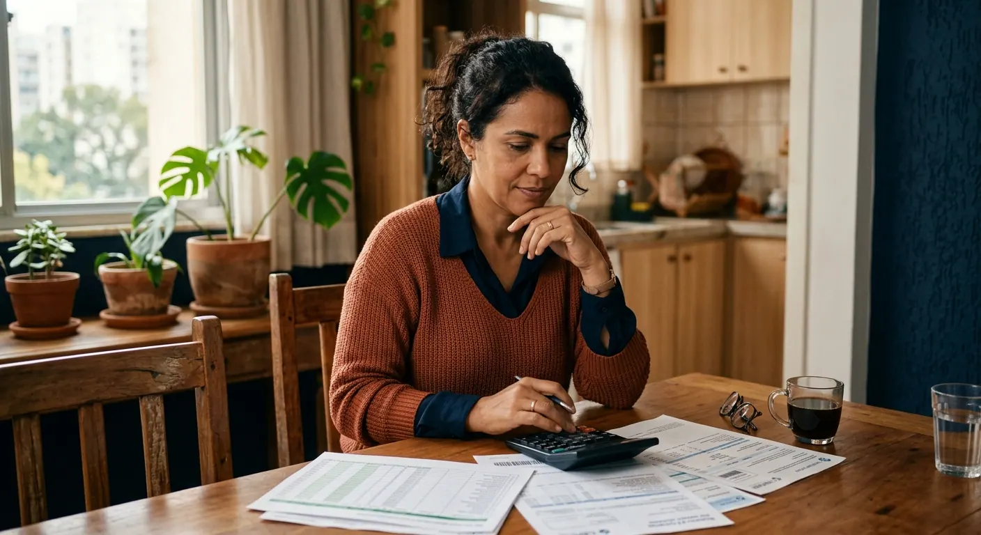 Mulher à mesa da cozinha revisando faturas e extratos com uma calculadora, avaliando as contas antes de decidir.