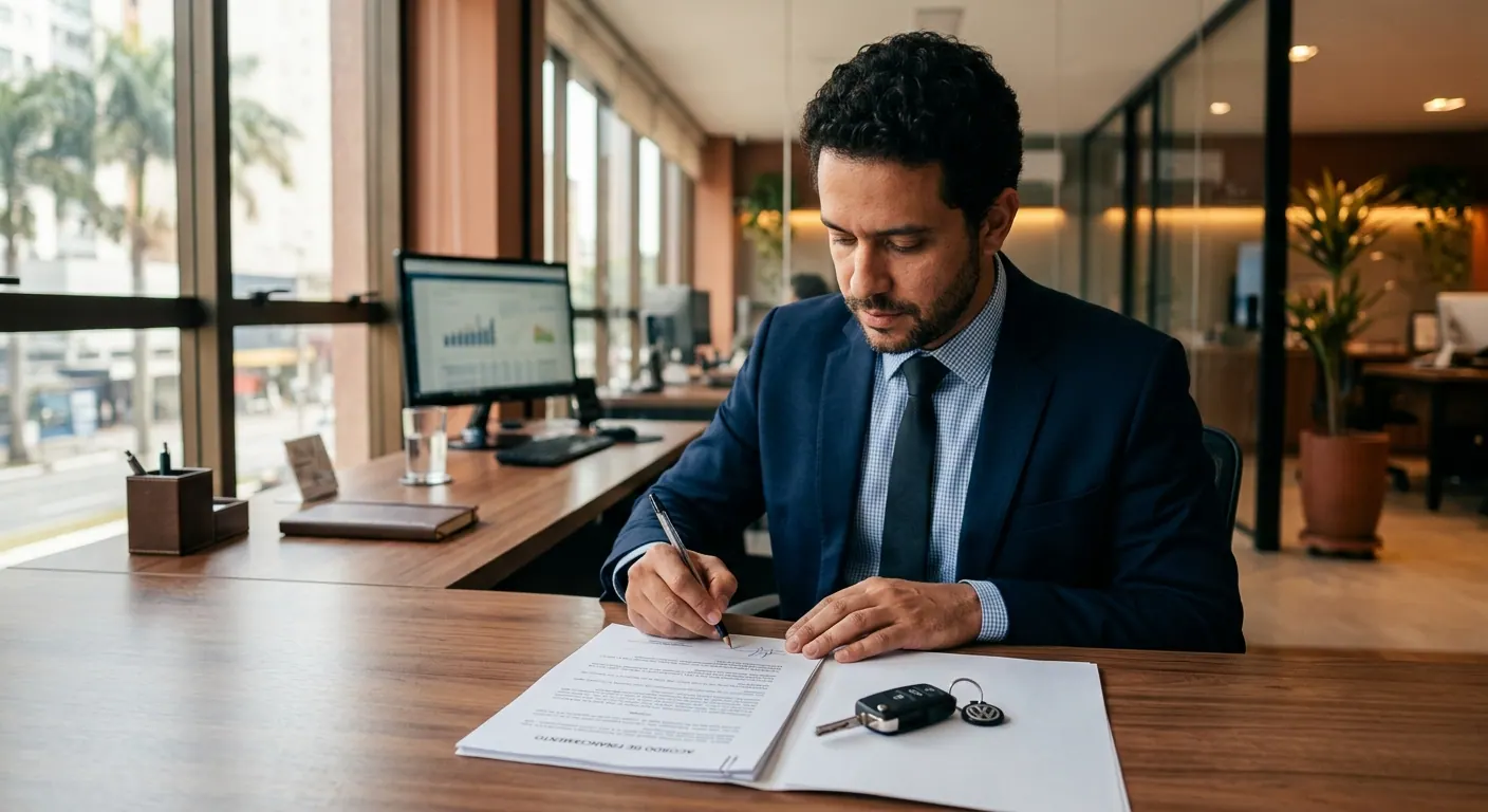 Homem de terno assinando um contrato numa mesa de escritório, com a chave de um carro ao lado dos papéis.